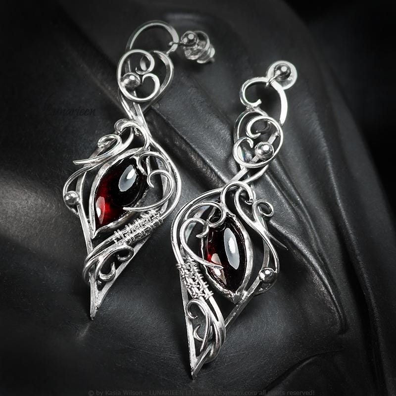 Sterling Silver Red Garnet earrings elven fantasy silver earrings alternative gothic witchy jewellery vampire style elven jewelry for goth