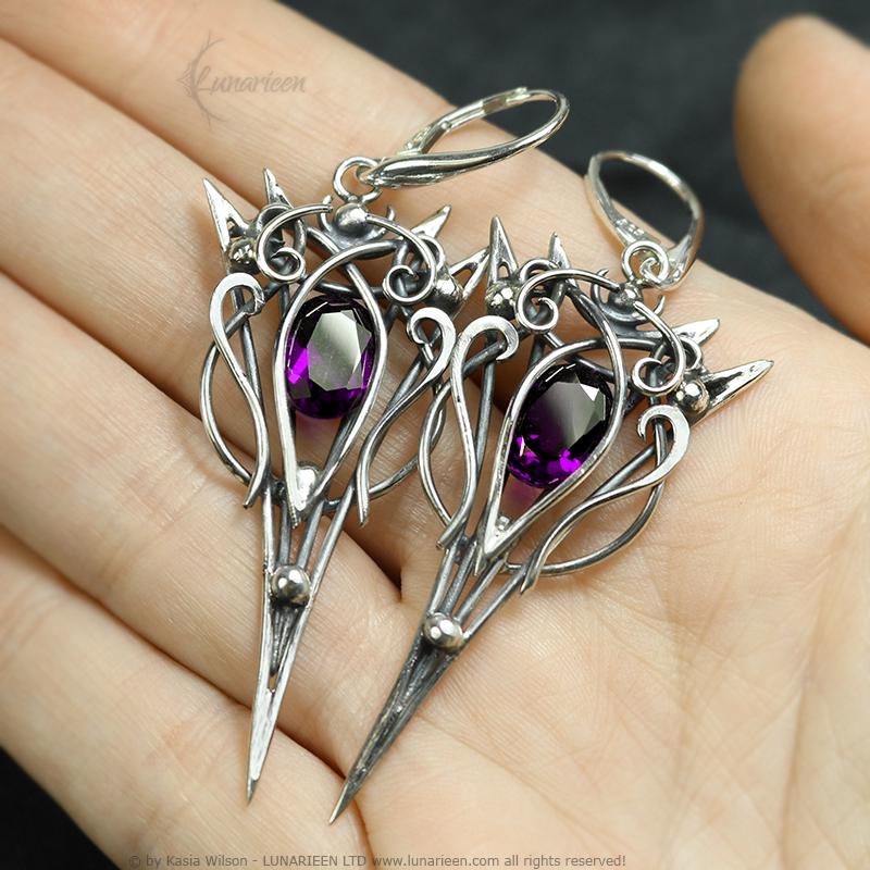 Sterling Silver Amethyst earrings, elven fantasy artisan earrings, alternative gothic witchy jewellery, vampire style, jewelry for goth