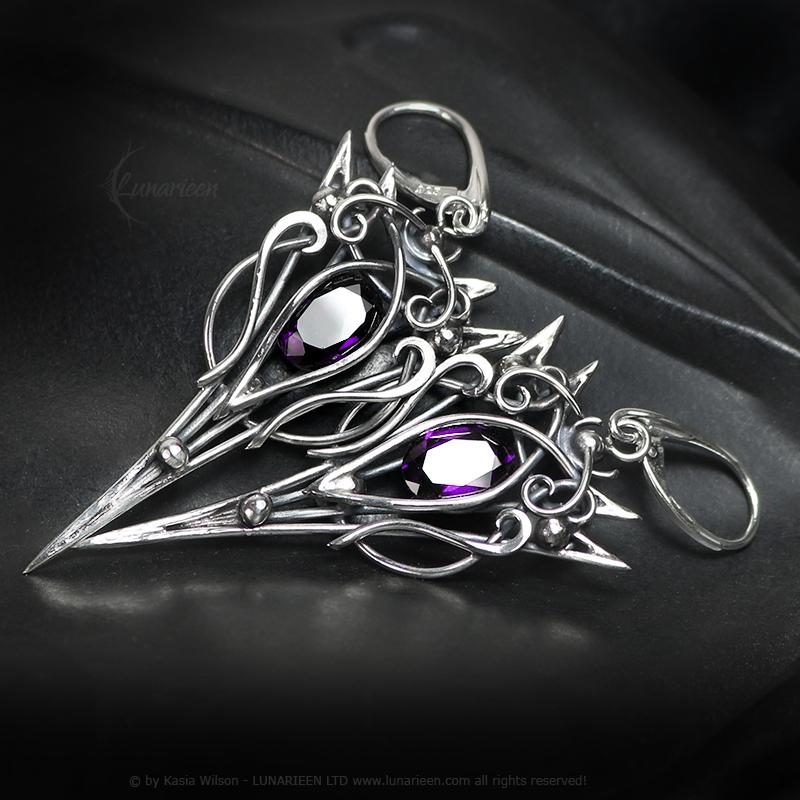 Sterling Silver Amethyst earrings, elven fantasy artisan earrings, alternative gothic witchy jewellery, vampire style, jewelry for goth
