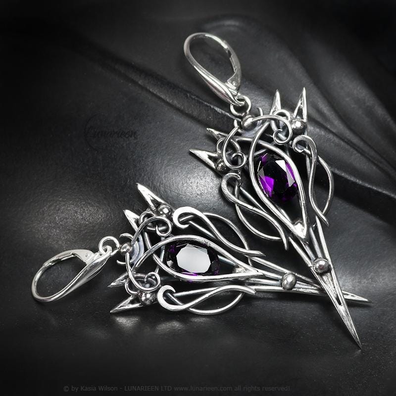 Sterling Silver Amethyst earrings, elven fantasy artisan earrings, alternative gothic witchy jewellery, vampire style, jewelry for goth