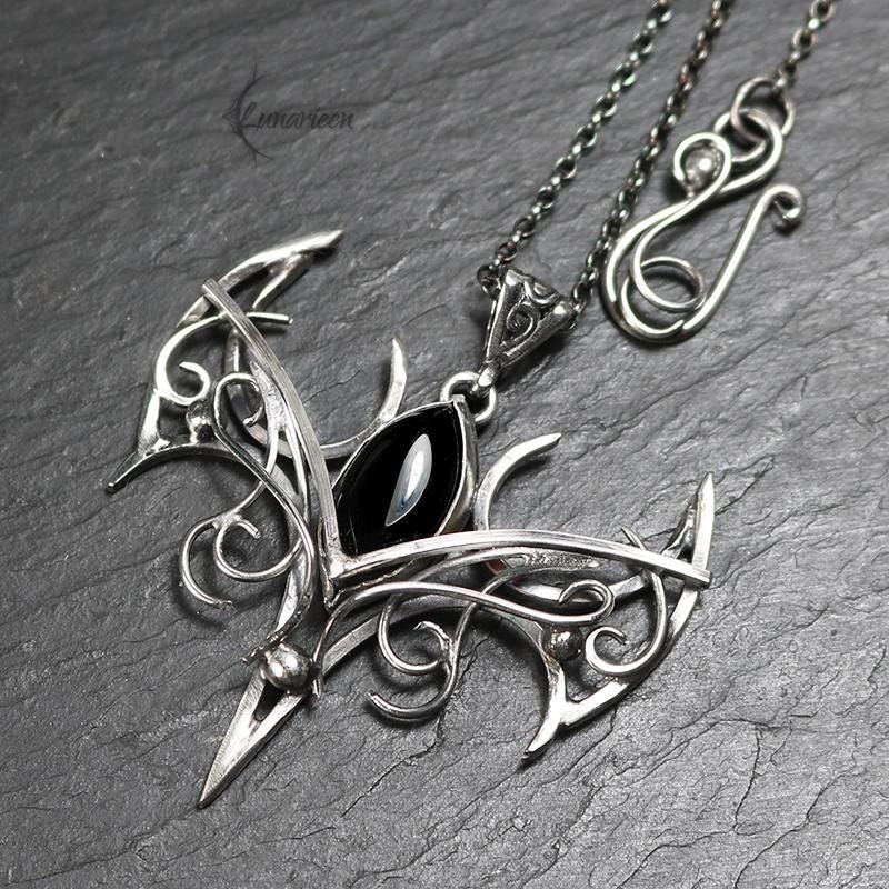 Sterling Silver Vampire Bat Gothic necklace with Onyx Pendant alternative artisan jewellery unique gift fantasy witchy jewelry for vamp