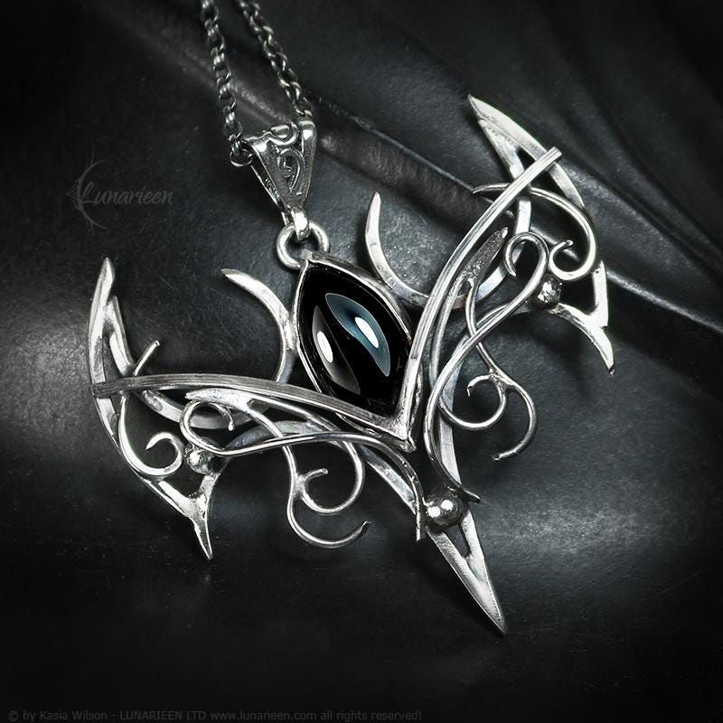 Sterling Silver Vampire Bat Gothic necklace with Onyx Pendant alternative artisan jewellery unique gift fantasy witchy jewelry for vamp