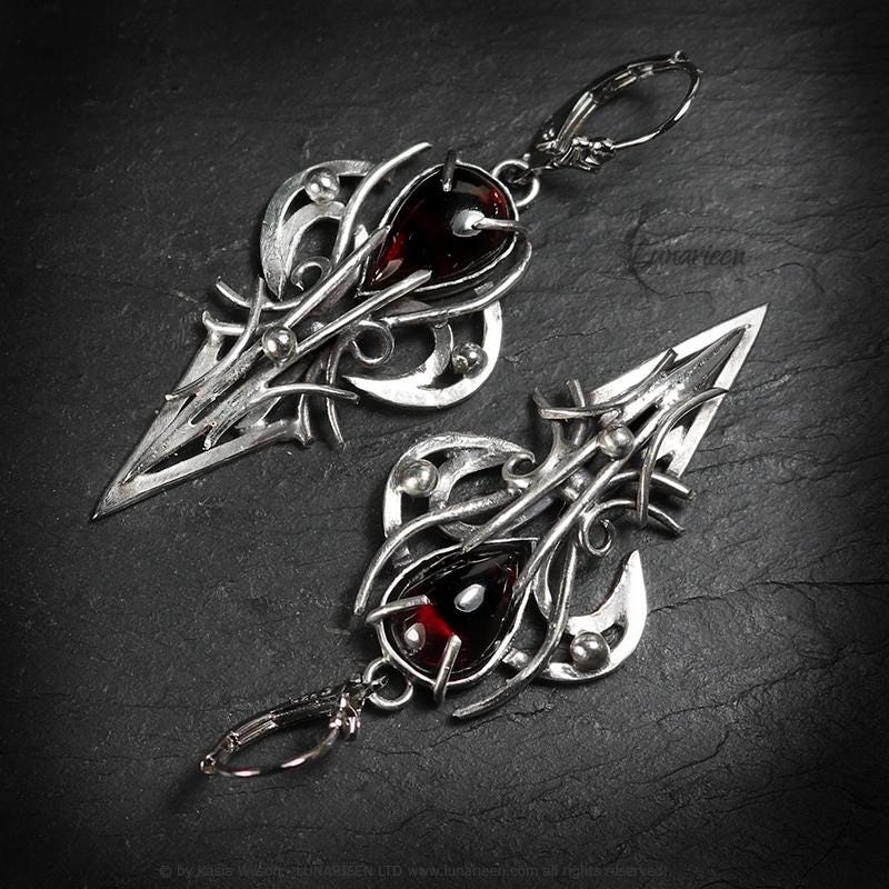Sterling Silver Garnet earrings, elven fantasy artisan earrings, alternative gothic witchy jewellery, vampire style, jewelry for goth