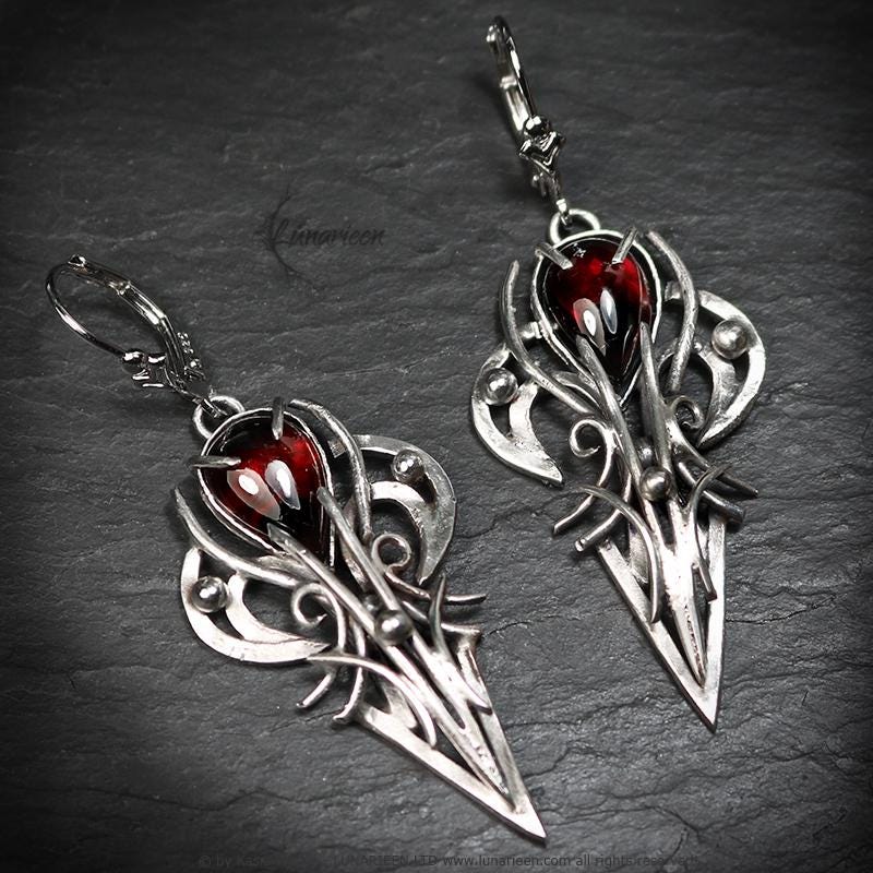 Sterling Silver Garnet earrings, elven fantasy artisan earrings, alternative gothic witchy jewellery, vampire style, jewelry for goth
