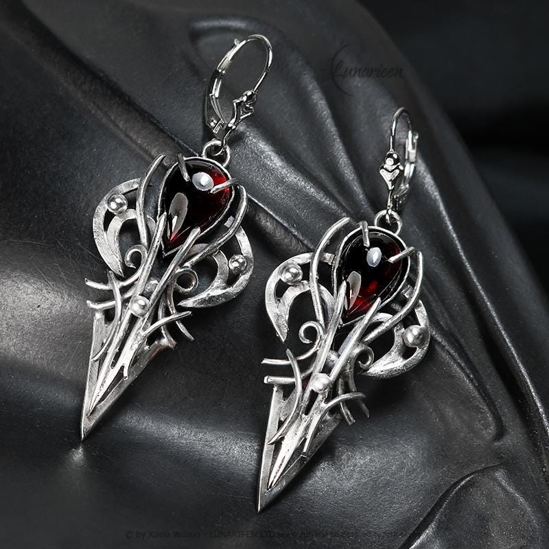 Sterling Silver Garnet earrings, elven fantasy artisan earrings, alternative gothic witchy jewellery, vampire style, jewelry for goth
