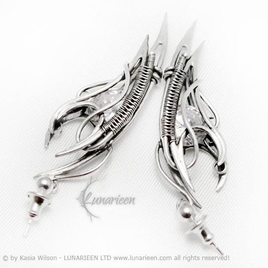 Sterling Silver Zirconia earrings, elven fantasy artisan earrings, alternative gothic witchy jewellery, vampire style, jewelry for goth