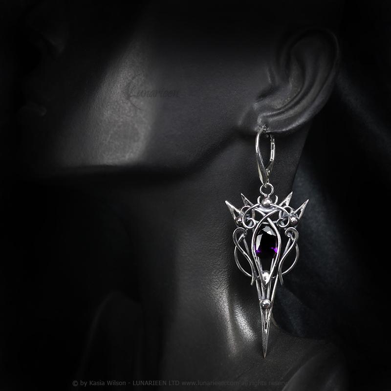 Sterling Silver Amethyst earrings, elven fantasy artisan earrings, alternative gothic witchy jewellery, vampire style, jewelry for goth