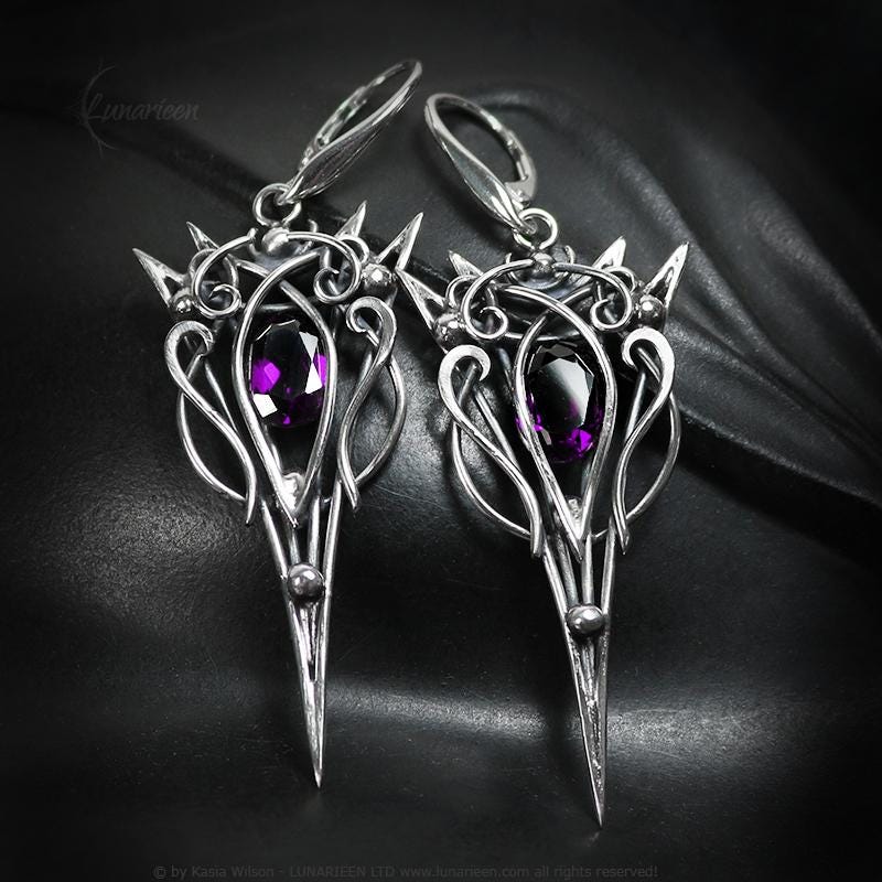 Sterling Silver Amethyst earrings, elven fantasy artisan earrings, alternative gothic witchy jewellery, vampire style, jewelry for goth