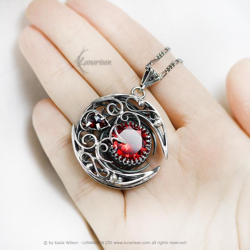 Sterling Silver Garnet necklace, Crescent Moon Pagan Pendant, Cubic Zirconia jewellery gothic style unique gift unisex vampire witchy