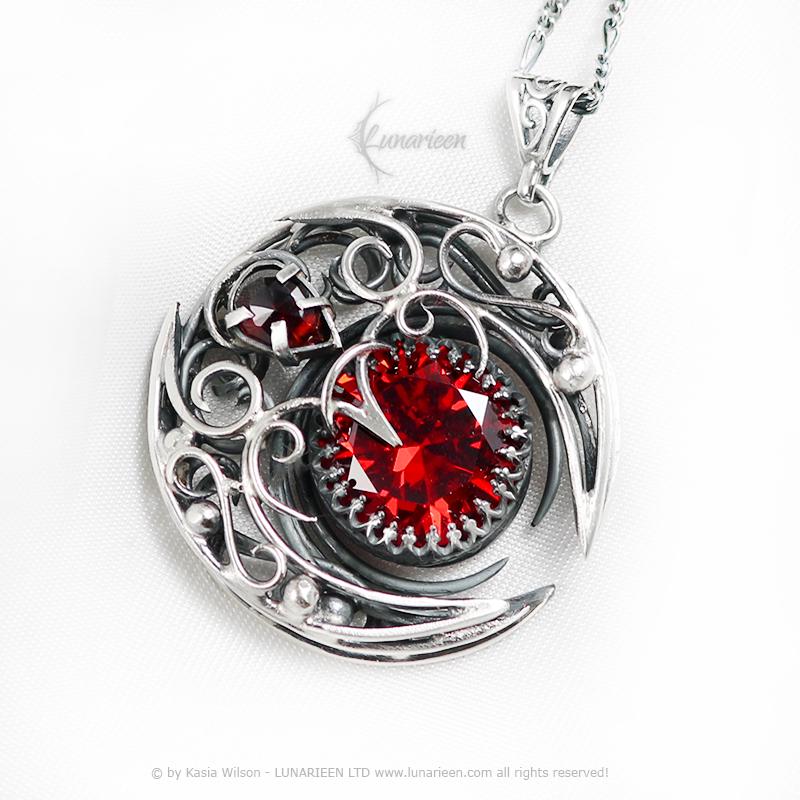 Sterling Silver Garnet necklace, Crescent Moon Pagan Pendant, Cubic Zirconia jewellery gothic style unique gift unisex vampire witchy