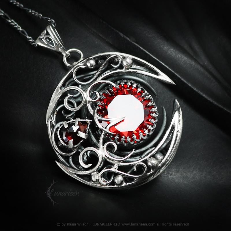 Sterling Silver Garnet necklace, Crescent Moon Pagan Pendant, Cubic Zirconia jewellery gothic style unique gift unisex vampire witchy