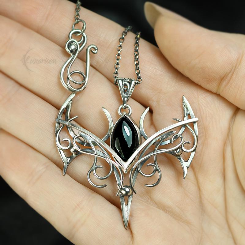 Sterling Silver Vampire Bat Gothic necklace with Onyx Pendant alternative artisan jewellery unique gift fantasy witchy jewelry for vamp