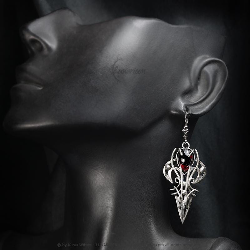 Sterling Silver Garnet earrings, elven fantasy artisan earrings, alternative gothic witchy jewellery, vampire style, jewelry for goth