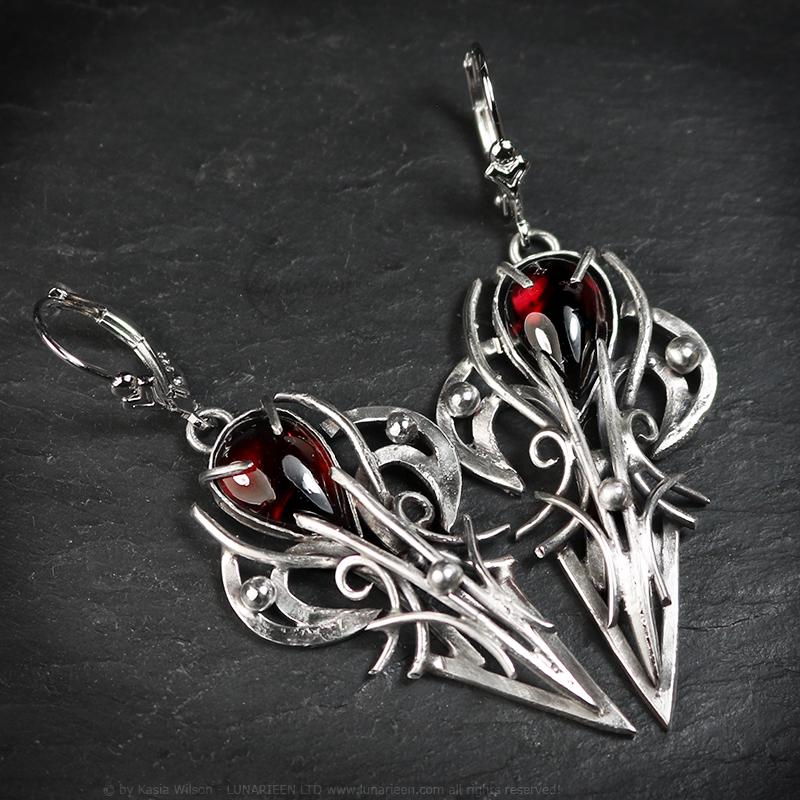 Sterling Silver Garnet earrings, elven fantasy artisan earrings, alternative gothic witchy jewellery, vampire style, jewelry for goth