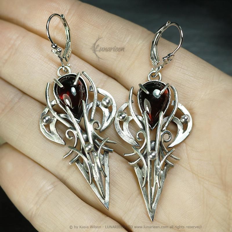 Sterling Silver Garnet earrings, elven fantasy artisan earrings, alternative gothic witchy jewellery, vampire style, jewelry for goth