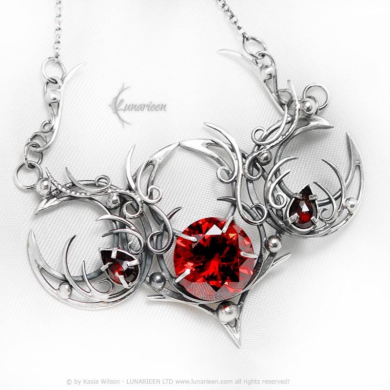 Sterling Silver Garnet gothic alternative triple moon pagan necklace goth witchy jewelry Elven unique pendant fantasy vampire fashion gift