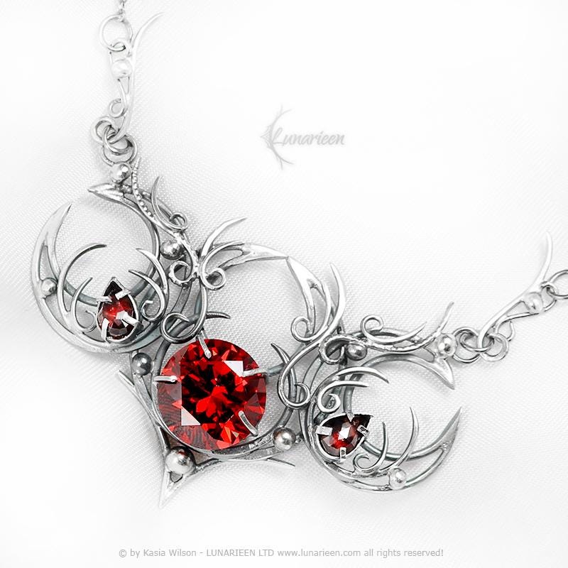 Sterling Silver Garnet gothic alternative triple moon pagan necklace goth witchy jewelry Elven unique pendant fantasy vampire fashion gift