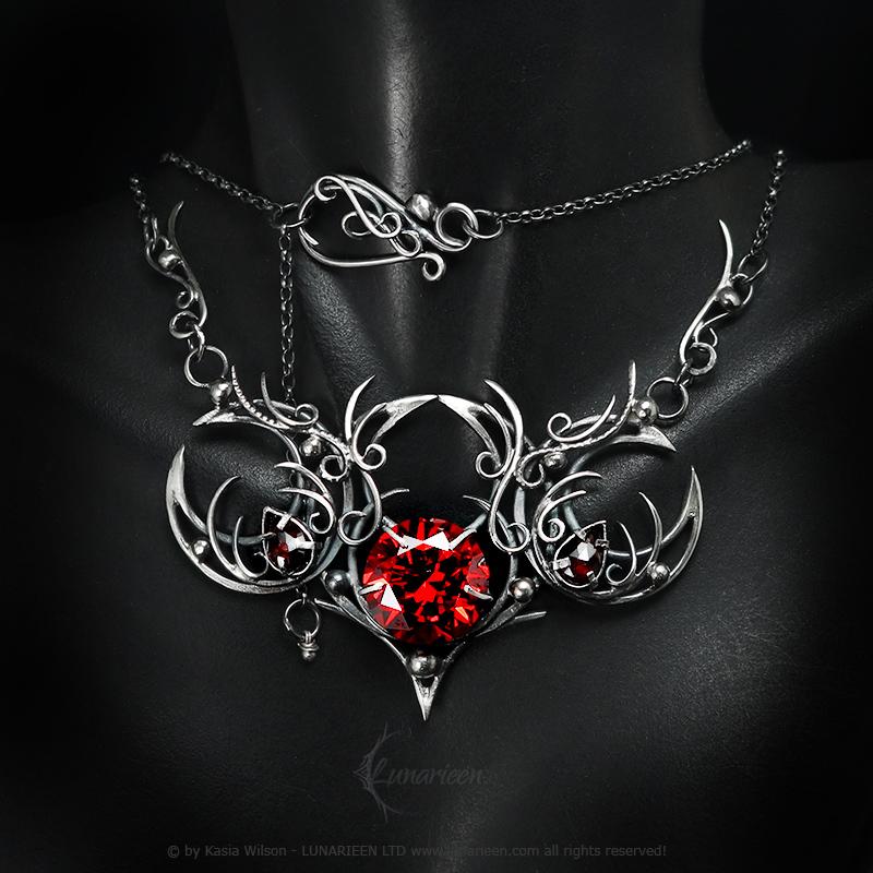 Sterling Silver Garnet gothic alternative triple moon pagan necklace goth witchy jewelry Elven unique pendant fantasy vampire fashion gift