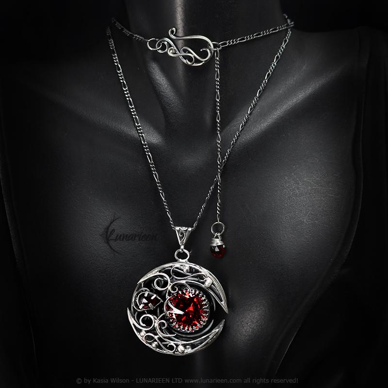 Sterling Silver Garnet necklace, Crescent Moon Pagan Pendant, Cubic Zirconia jewellery gothic style unique gift unisex vampire witchy