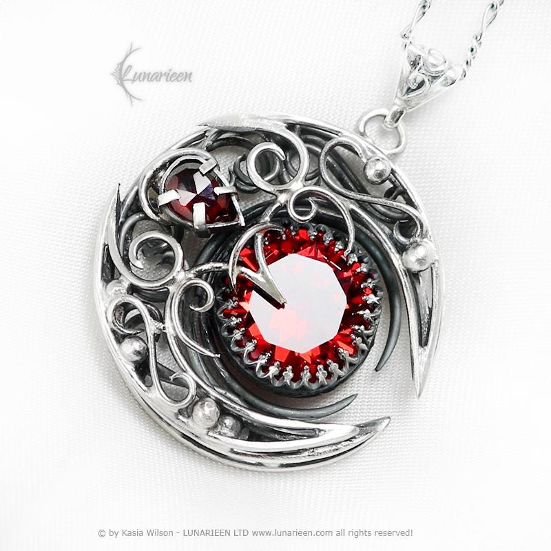 Sterling Silver Garnet necklace, Crescent Moon Pagan Pendant, Cubic Zirconia jewellery gothic style unique gift unisex vampire witchy