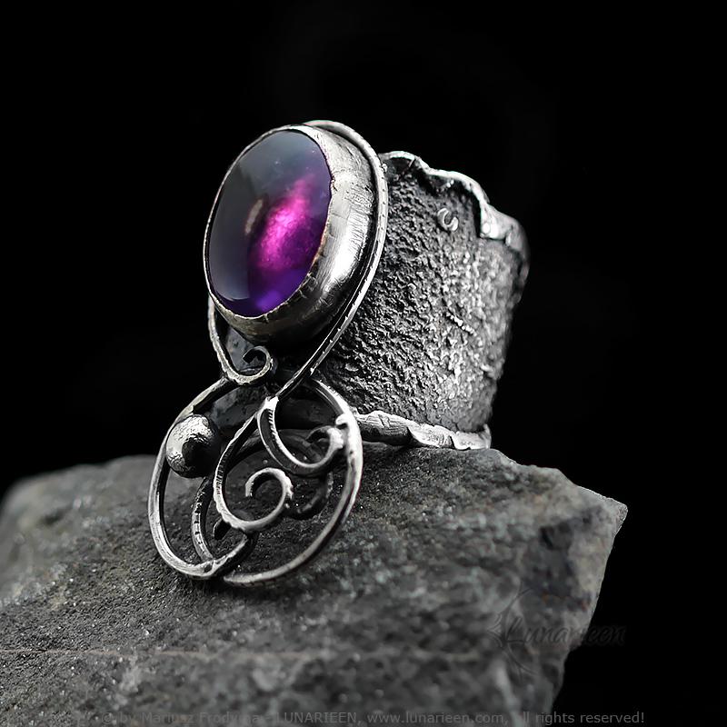 Handcrafted Sterling Silver Ring with Amethyst Artisan Textured Modern Jewelry Gothic Witchy Hammered Trendy Unique Statement Ring