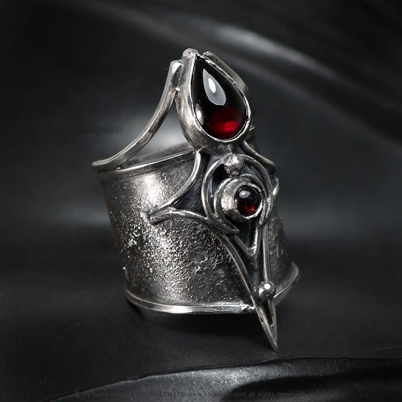 Handcrafted Brutalist Ring Textured Modern Garnet Artisan Jewelry Oxidized Sterling Silver Gothic Witchy Trendy Unique Statement Ring