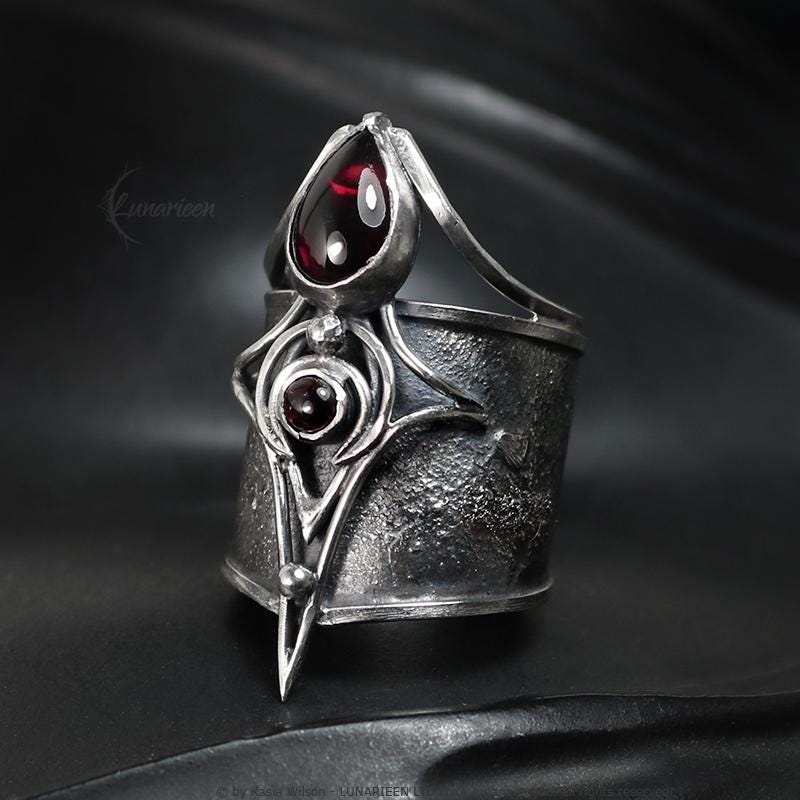 Handcrafted Brutalist Ring Textured Modern Garnet Artisan Jewelry Oxidized Sterling Silver Gothic Witchy Trendy Unique Statement Ring