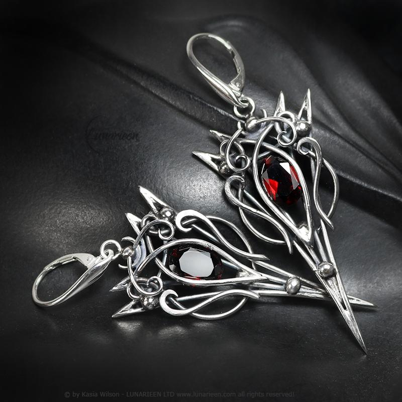 Sterling Silver Garnet earrings, elven fantasy artisan earrings, alternative gothic witchy jewellery, vampire style, jewelry for goth