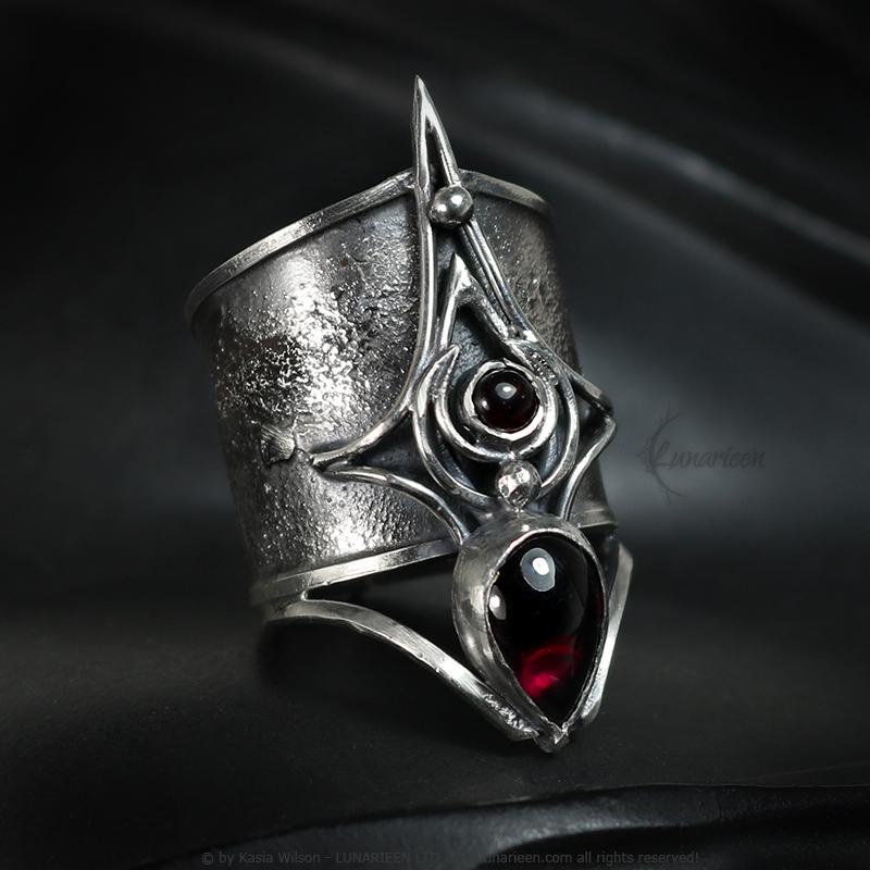 Handcrafted Brutalist Ring Textured Modern Garnet Artisan Jewelry Oxidized Sterling Silver Gothic Witchy Trendy Unique Statement Ring