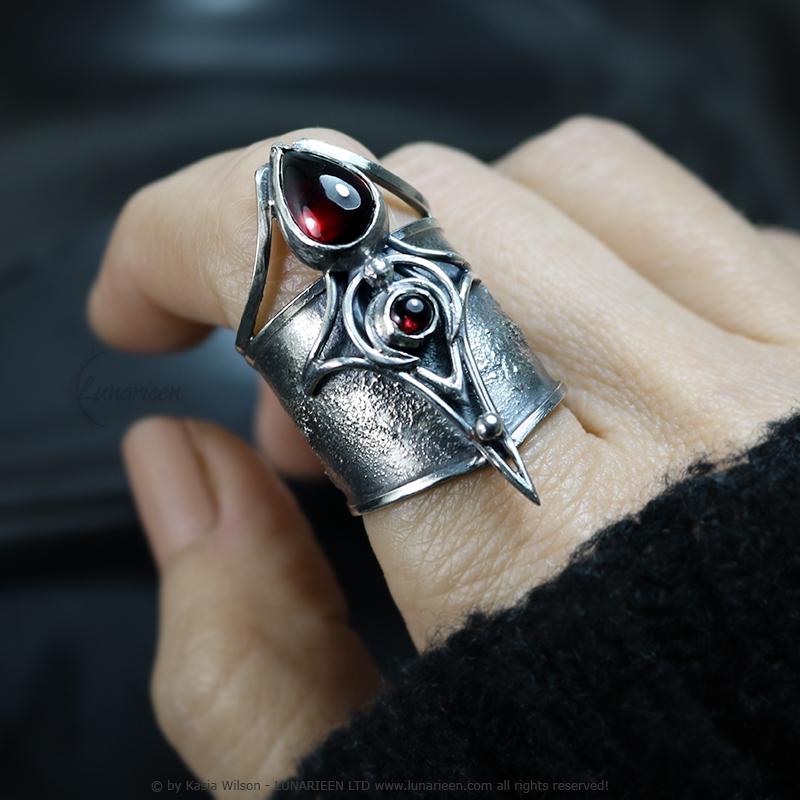 Handcrafted Brutalist Ring Textured Modern Garnet Artisan Jewelry Oxidized Sterling Silver Gothic Witchy Trendy Unique Statement Ring