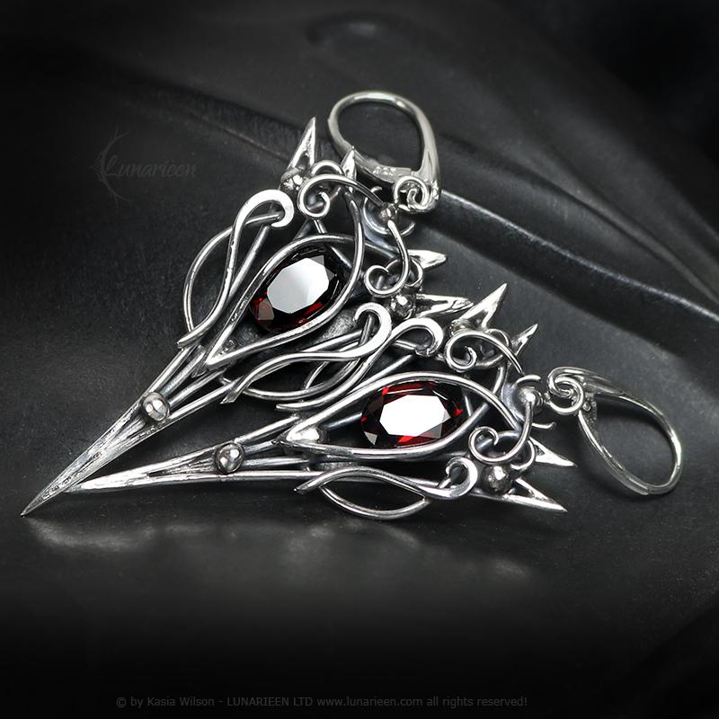 Sterling Silver Garnet earrings, elven fantasy artisan earrings, alternative gothic witchy jewellery, vampire style, jewelry for goth