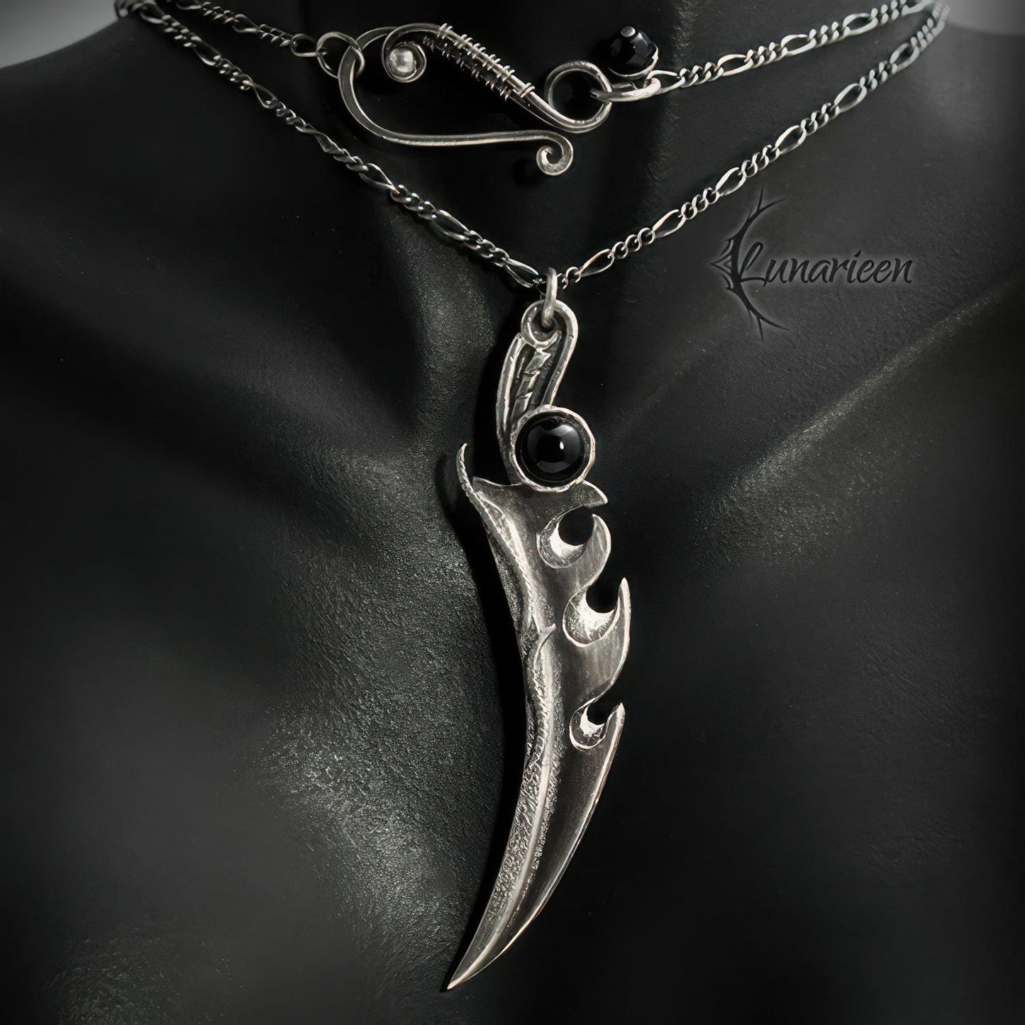Sterling Silver Wire wrapped Gothic Pendant Necklace Sword Blade Fantasy, Black Onyx, Unique Gothic Fantasy Blacksmithing Jewelry Jewellery
