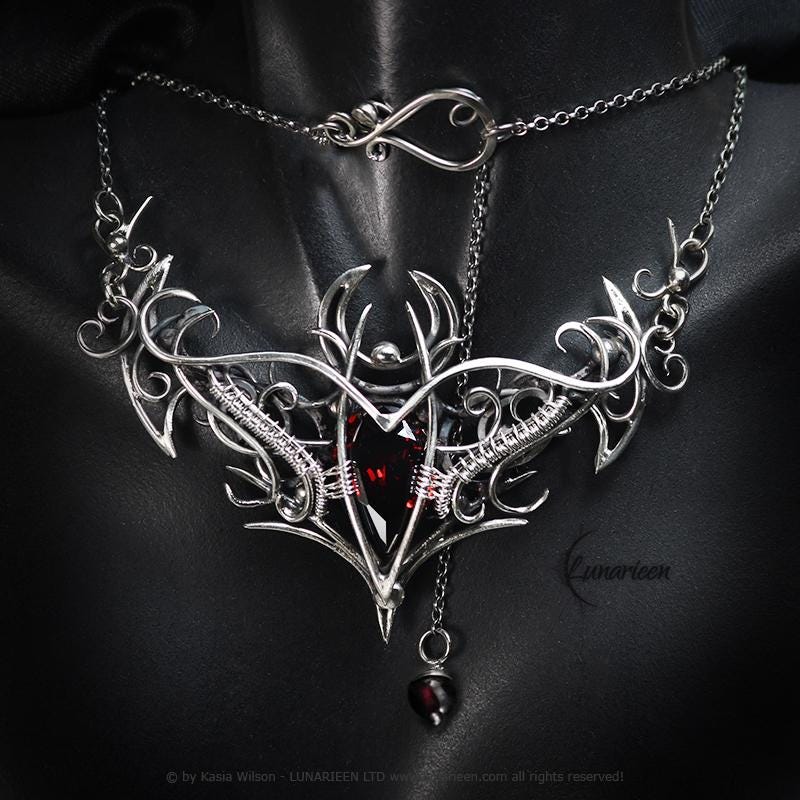 Sterling Silver Necklace, Elven Gothic Pendant, Garnet Jewellery, Alternative Jewelry, Witchy Vampire Silver Choker