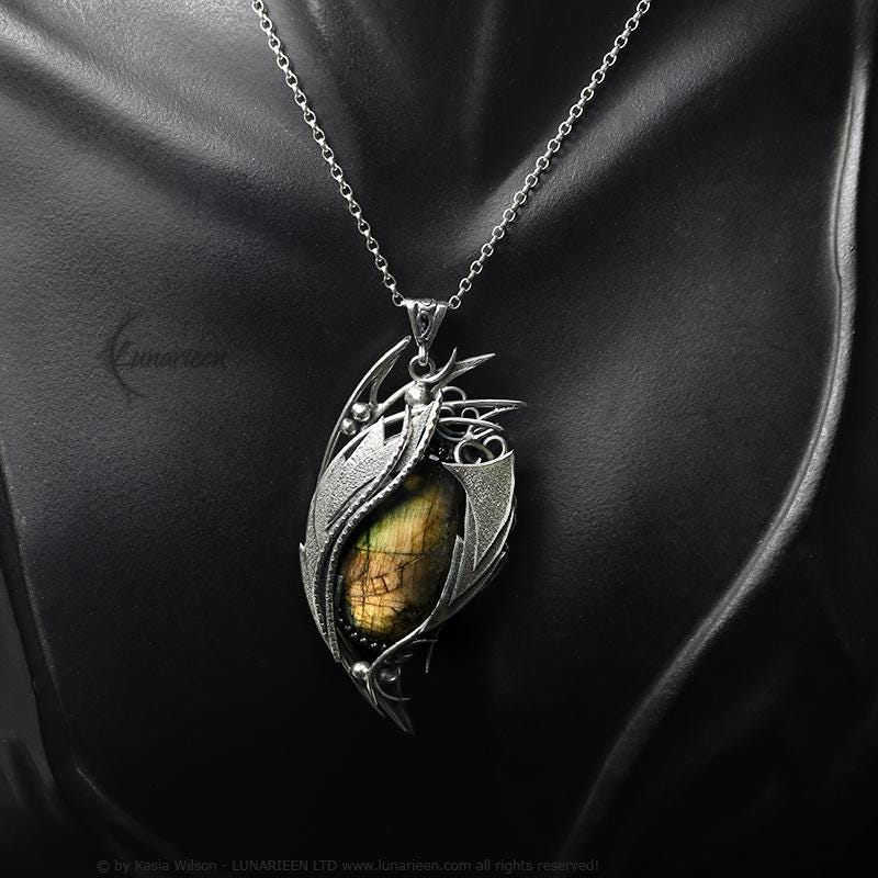 Sterling Silver Golden Labradorite Necklace, Gothic Pagan Pendant, Witchy jewelry, Gothic style talisman, Dragon's Eye