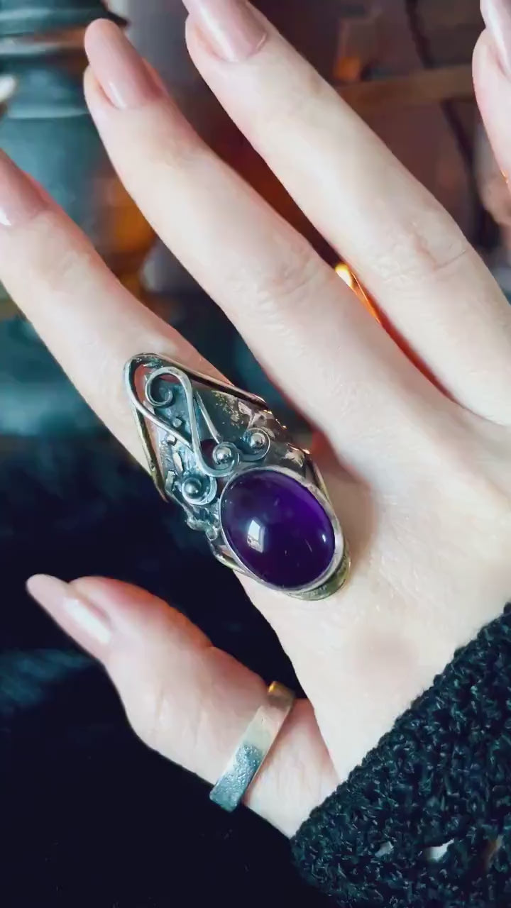 Handcrafted Rustic Brutalist Artisan Textured Purple Amethyst Oxidized Silver Brass Antique Gothic Hammered Trendy Jewelry Unique Ring
