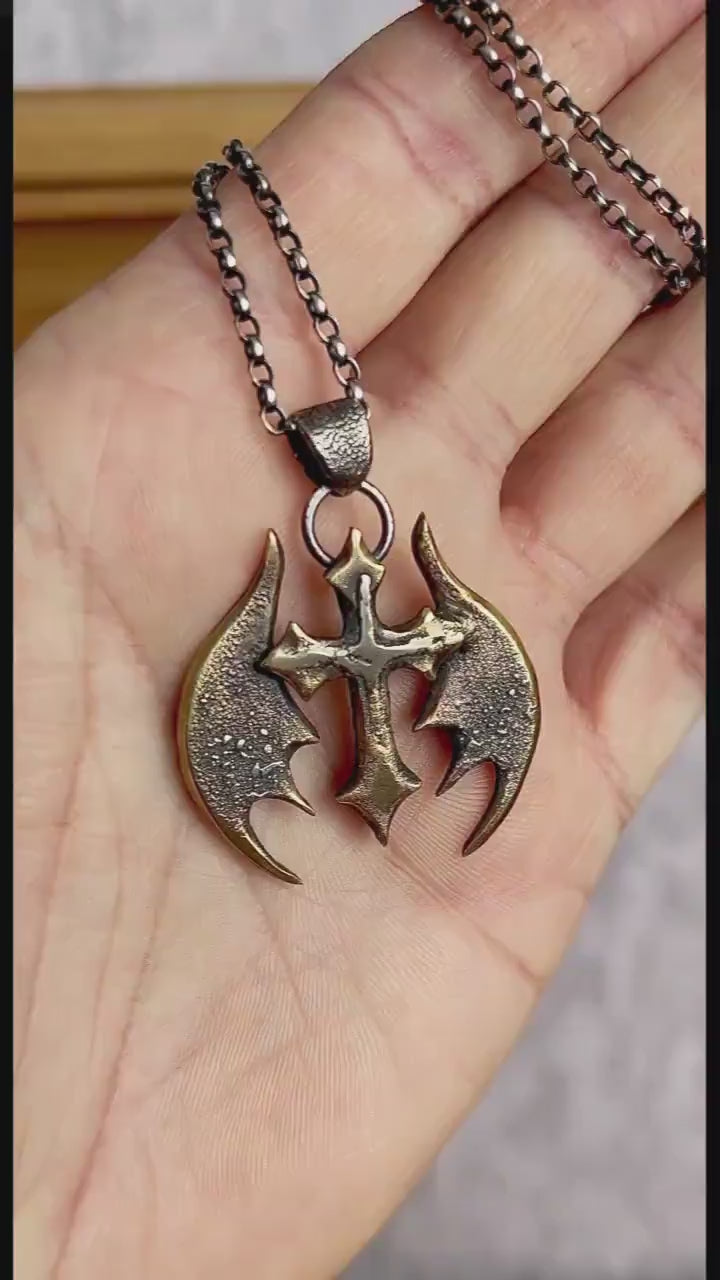 Gothic Brutalist Cross Pendant Handmade Melted Hammered Silver Brass Wings Design Fantasy Statement Jewelry Unisex Unique Necklace Pendant