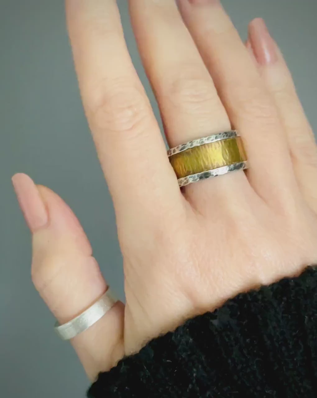 Handcrafted Rustic Fine Silver and Brass Ring Hammered Artisan Textured Oxidized Wedding Engagement Mens Band