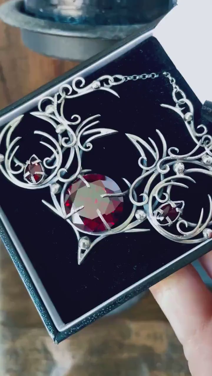 Sterling Silver Garnet gothic alternative triple moon pagan necklace goth witchy jewelry Elven unique pendant fantasy vampire fashion gift