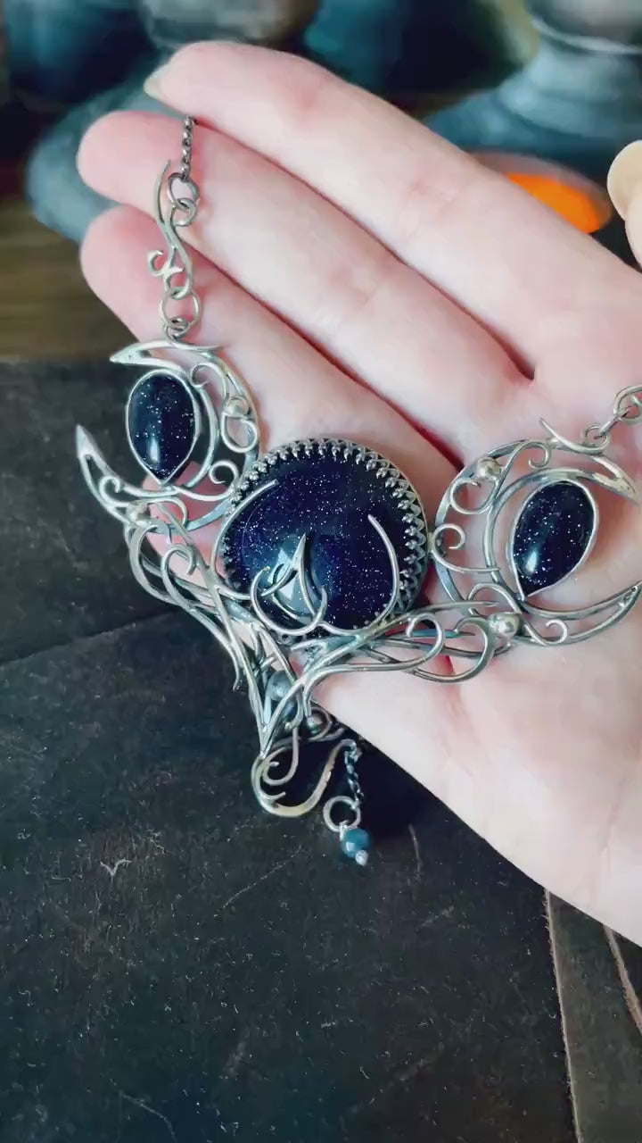 Sterling Silver gothic alternative triple moon pagan necklace choker goth witchy jewelry Elven unique pendant fantasy vampire fashion gift