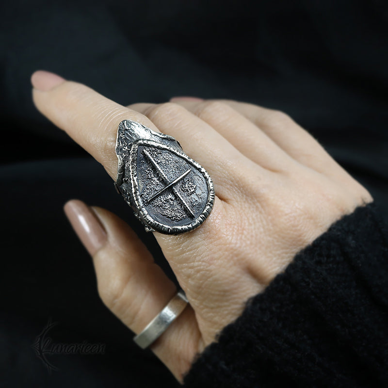 Gothic Antique Rustic Sterling Silver Rugged Oxidized Unisex Large Ring Artisan Jewelry Hammered Metalsmith Cross Crucifix Catholic Ring