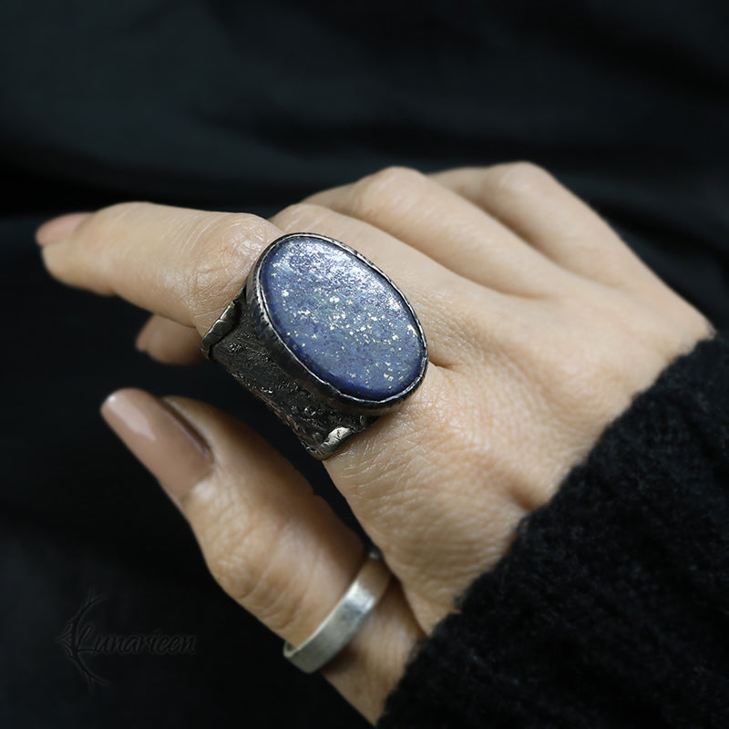 Mix Metal Brutalist Style Unisex Ring Lapis Lazuli Artisan Jewelry Sterling Silver & Silver Plated Brass Gothic Antique Hammered Metalsmith