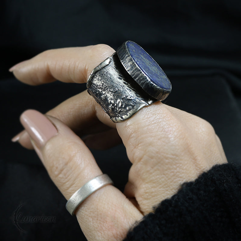 Mix Metal Brutalist Style Unisex Ring Lapis Lazuli Artisan Jewelry Sterling Silver & Silver Plated Brass Gothic Antique Hammered Metalsmith