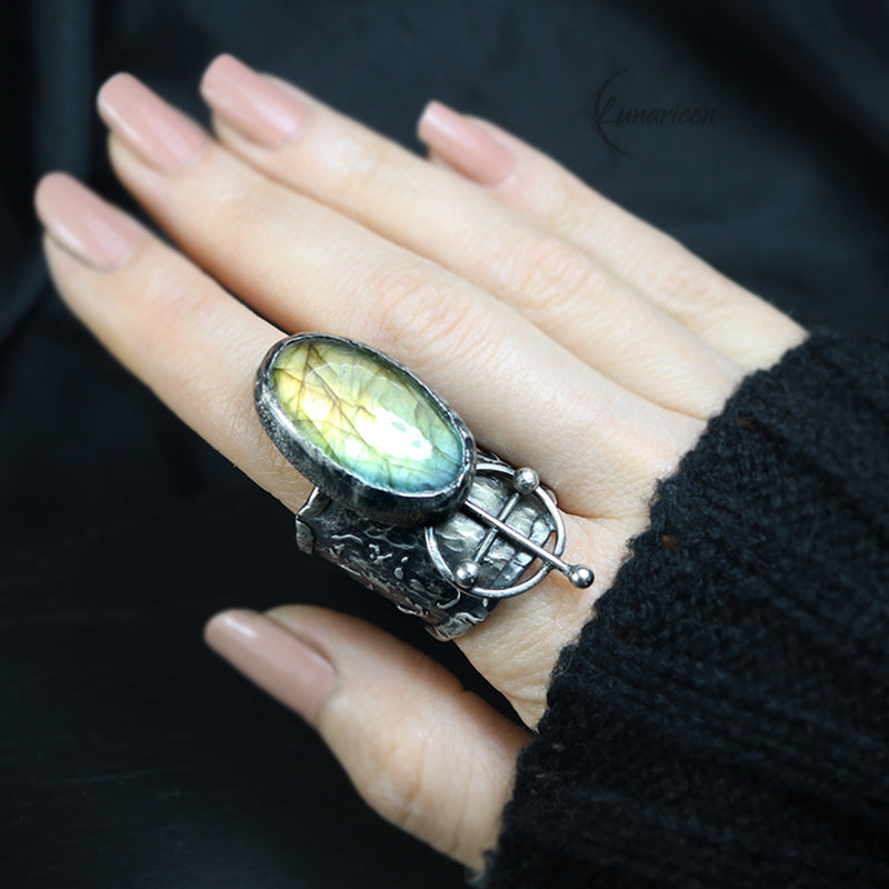 Rustic Hammered Mix Metal Brutalist Style Ring Labradorite Artisan Jewelry Sterling Silver and Silver Plated Brass Gothic Ring Metalsmith