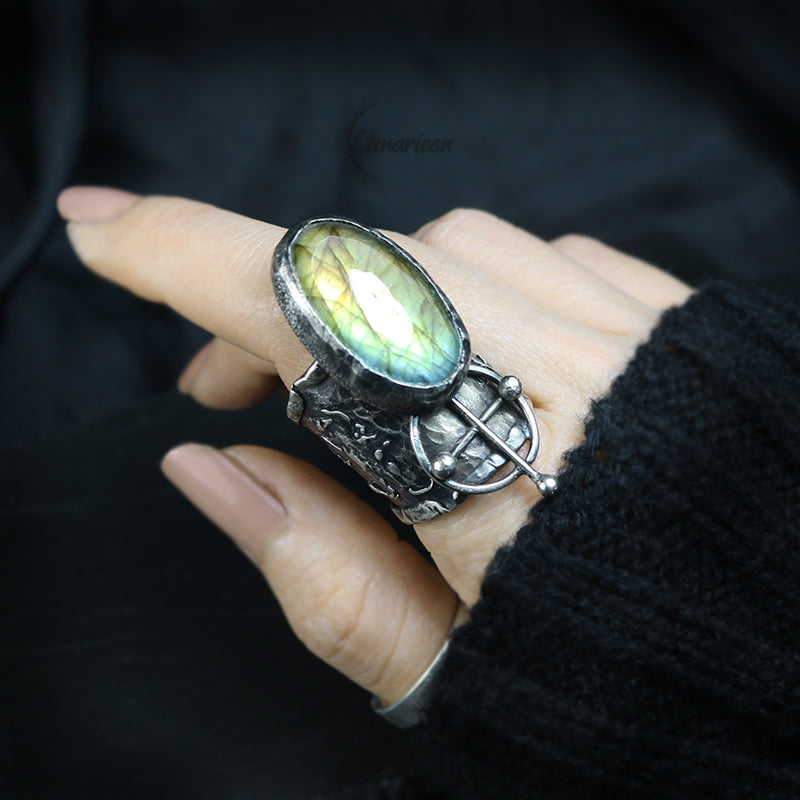 Rustic Hammered Mix Metal Brutalist Style Ring Labradorite Artisan Jewelry Sterling Silver and Silver Plated Brass Gothic Ring Metalsmith