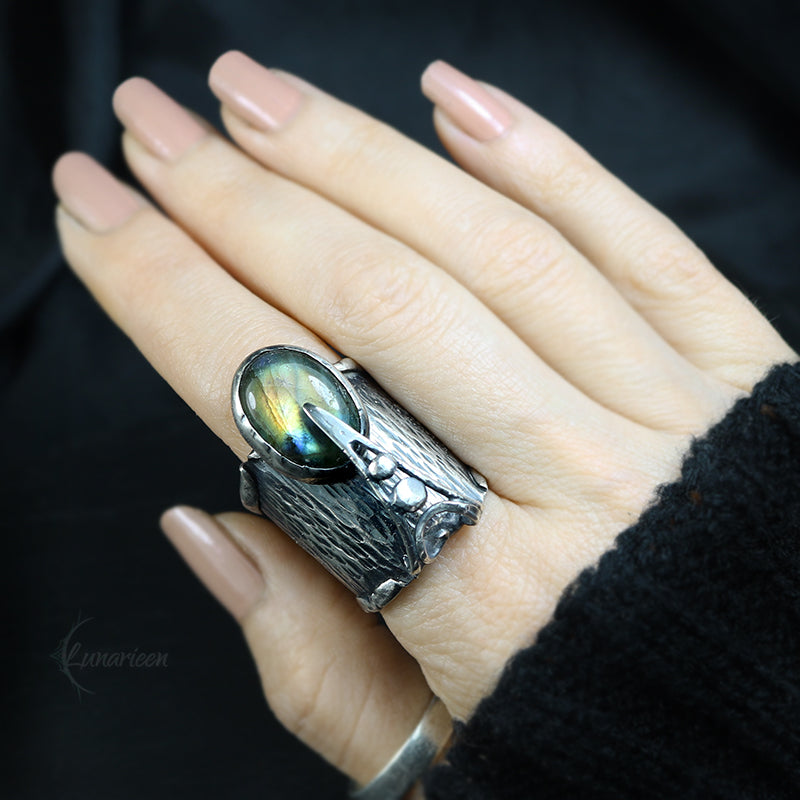 Rustic Hammered Mix Metal Brutalist Style Ring Labradorite Artisan Jewelry Sterling Silver and Silver Plated Brass Gothic Ring Metalsmith