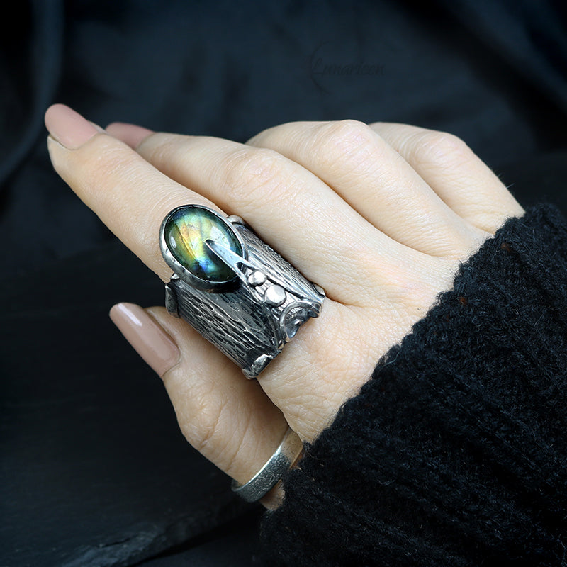 Rustic Hammered Mix Metal Brutalist Style Ring Labradorite Artisan Jewelry Sterling Silver and Silver Plated Brass Gothic Ring Metalsmith