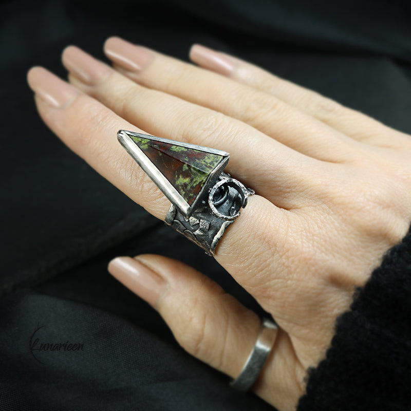 Handcrafted Sterling Silver Rustic Artisan Jewelry Brutalist Dragon Blood Jasper Gothic Metalsmith Hammered Unique Statement Ring