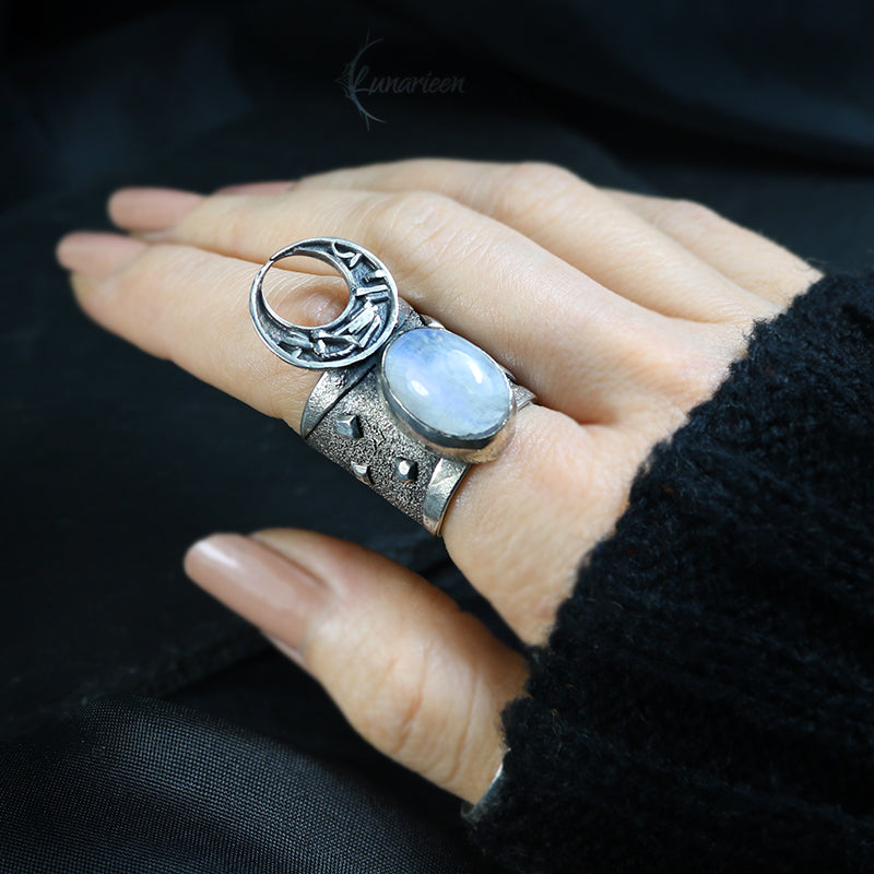 Handcrafted Rustic Sterling Silver Brutalist Style Crescent Moon Moonstone Artisan Jewelry Gothic Metalsmith Hammered Unique Statement Ring