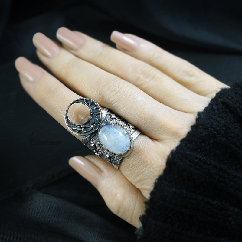 Handcrafted Rustic Sterling Silver Brutalist Style Crescent Moon Moonstone Artisan Jewelry Gothic Metalsmith Hammered Unique Statement Ring