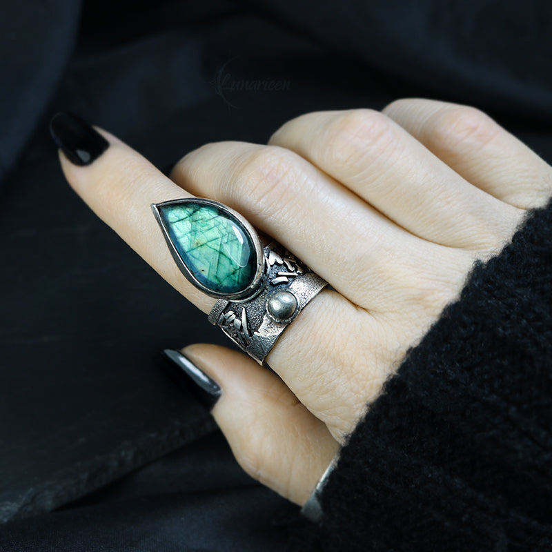 Handcrafted Sterling Silver Rustic Green Blue Labradorite Artisan Jewelry Brutalist Gothic Metalsmith Hammered Unique Ring